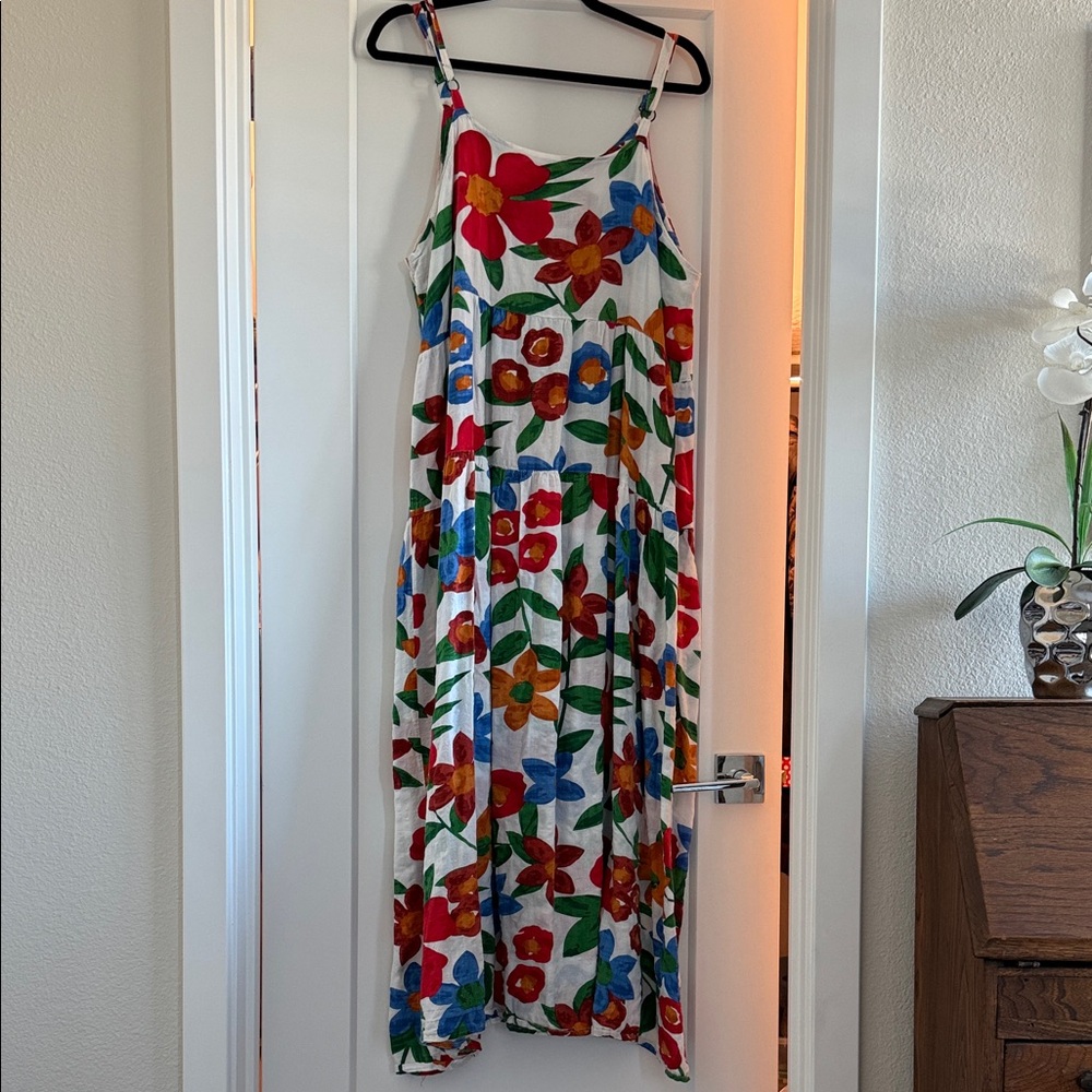 White Maxi Dress with Bright Red, Blue & Green Floral Print